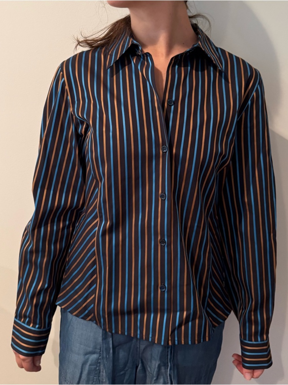 Bogner Navy Striped Button-Up Shirt with Blue and goldish/brown Stripes